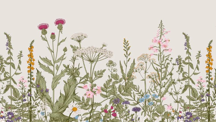 Romantic folk botanical bistro wallpaper