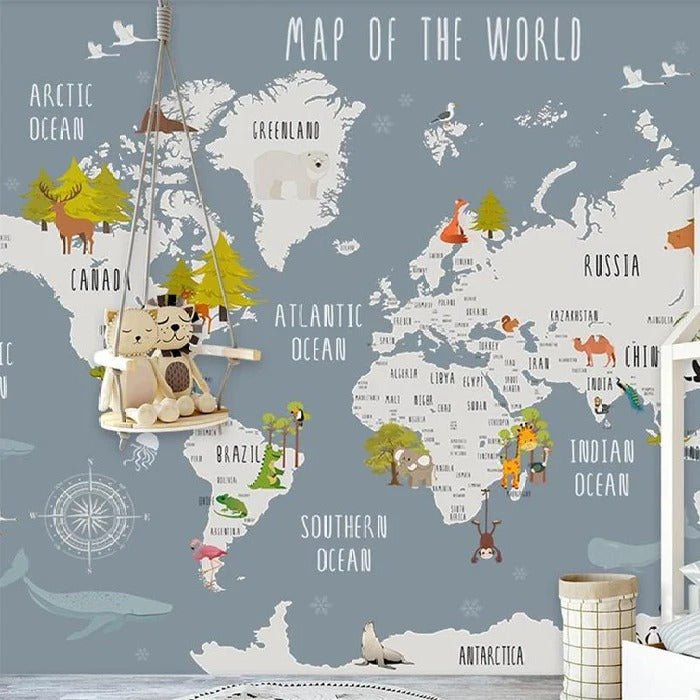 Gray animal map children's bedroom wallpaper