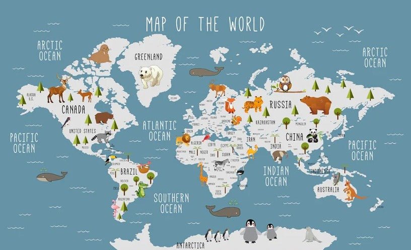 Illustrated world map wallpaper Animals dark blue