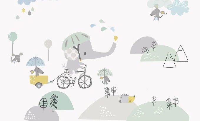 Elephant on a bike nursery wallpaper