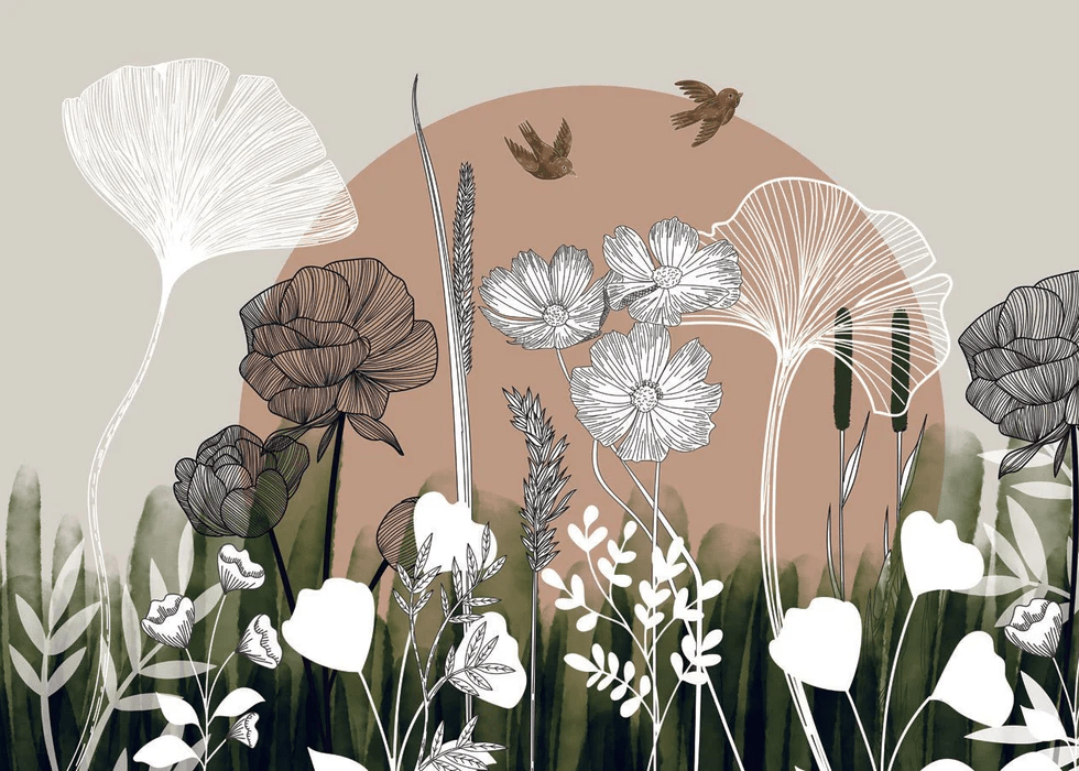 Floral Illustration Wallpaper - H250cm x W350cm - Softouch Material