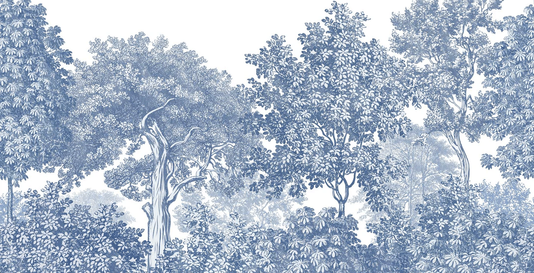 Forest Landscape Wallpaper Blue Engraving - H120cm x W234cm - Softouch Material