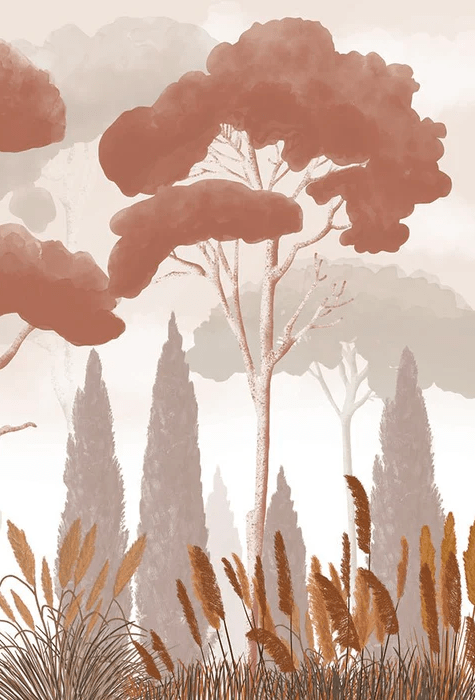 Cypress Pines and Pampas Grass Terracotta Wallpaper - H280cm x W190cm - Softouch Material