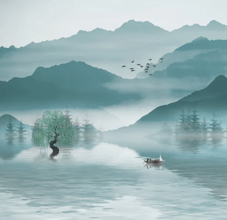 Wallpaper Between Mountains and Lake - H145cm x W150cm - Softouch material