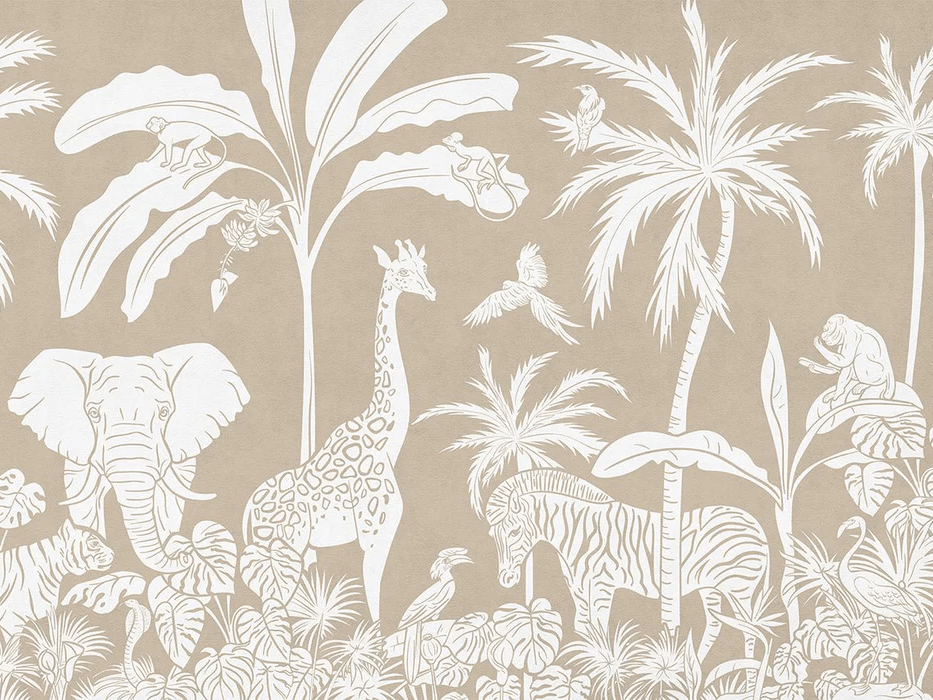 Monochrome Beige Safari Children's Wallpaper - H300cm x W400cm - Softouch Material