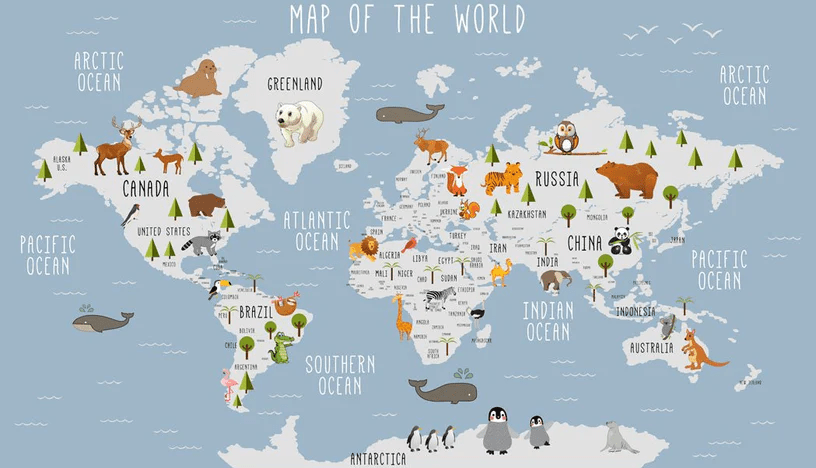 Illustrated World Map Wallpaper with Animals - H183cm x W319cm - Softouch Material