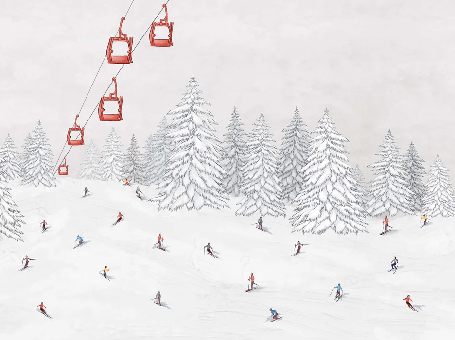 Colorful Skiers Gondola Wallpaper - H166cm x W222cm - Softouch Material