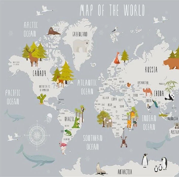 Light gray animal map children's bedroom wallpaper