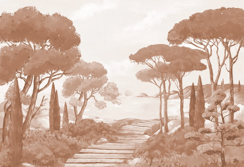 Terracotta coastal wallpaper