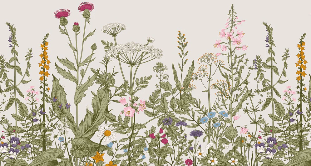 Romantic folk botanical bistro wallpaper