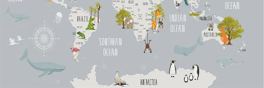 Light gray animal map children's bedroom wallpaper