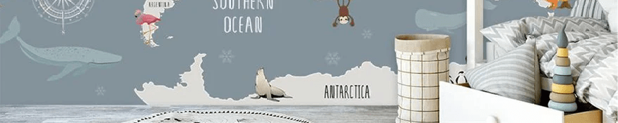 Gray animal map children's bedroom wallpaper