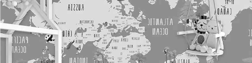 Papier peint chambre enfant map animaux gris, XXL, tendance