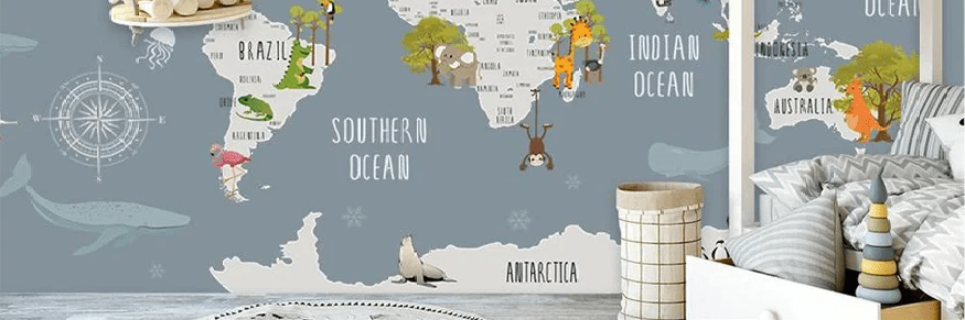 Gray animal map children's bedroom wallpaper