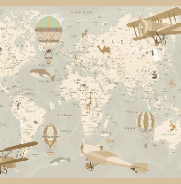 Children's wallpaper featuring a world map and aviator
