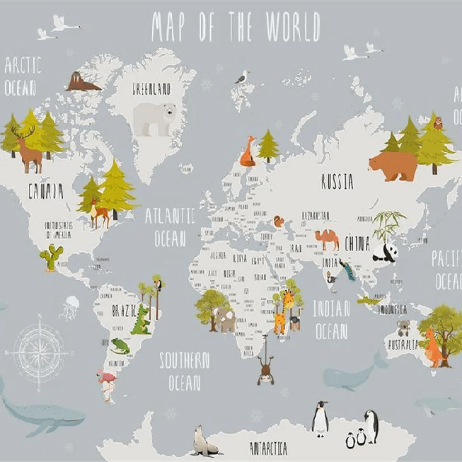 Light gray animal map children's bedroom wallpaper