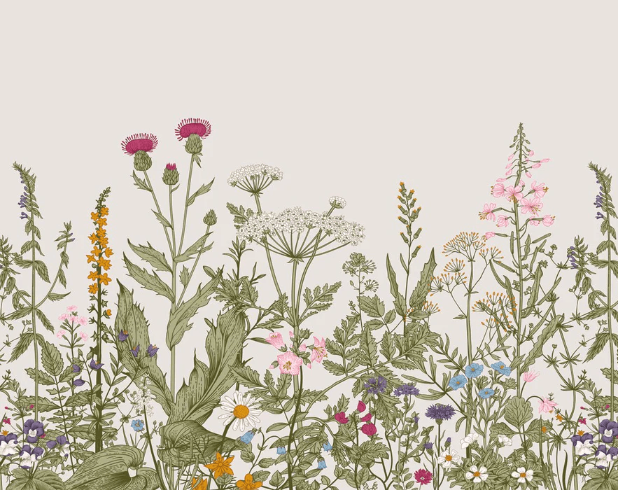 Romantic folk botanical bistro wallpaper