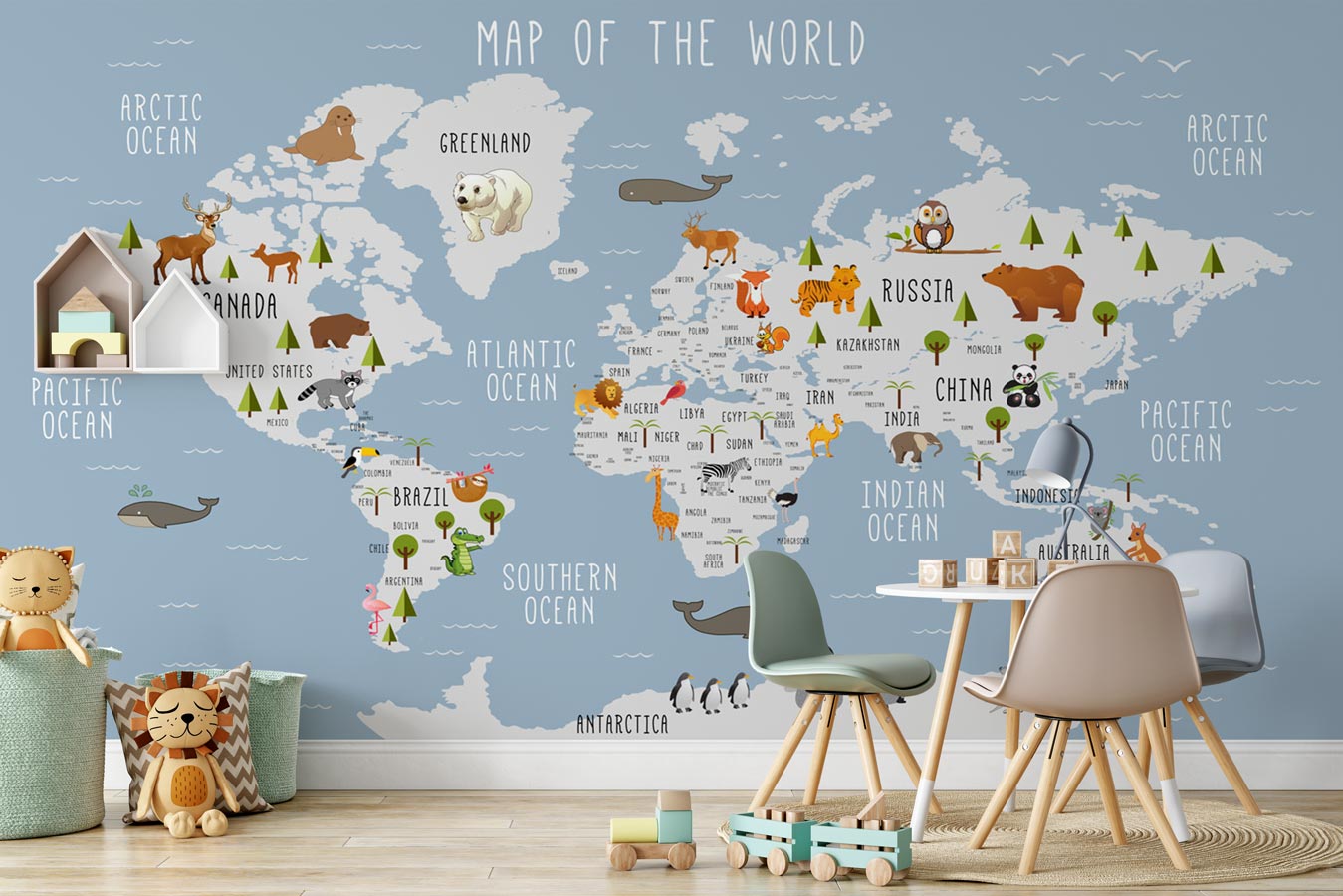 Papier peint Carte du monde illustrée Animaux, XXL, tendance