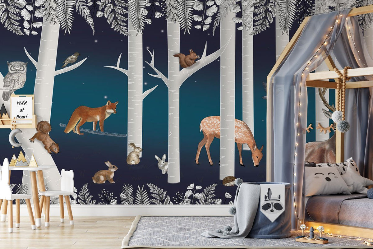 Enchanted forest children's wallpaper with animals and starry night