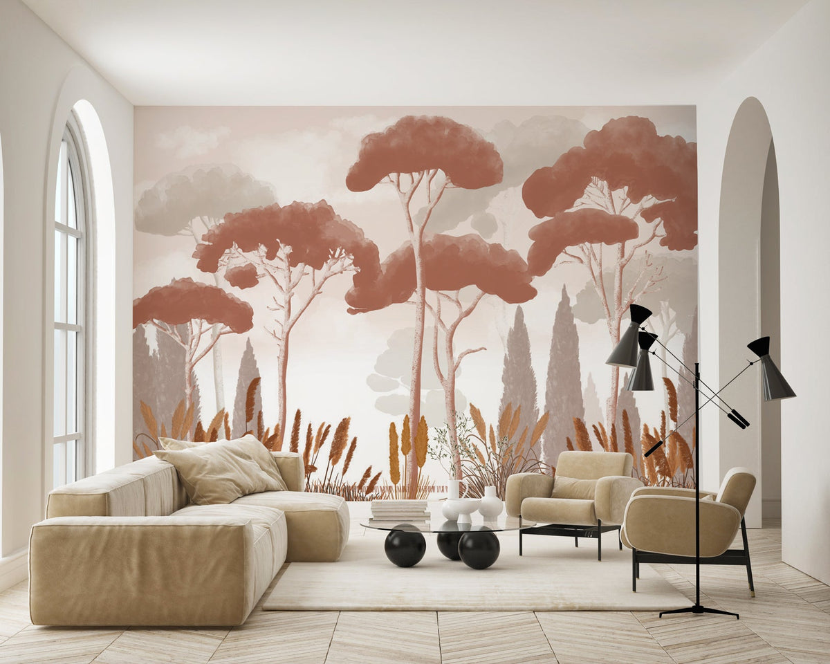 Cypress, pine, and pampas grass wallpaper in terracotta