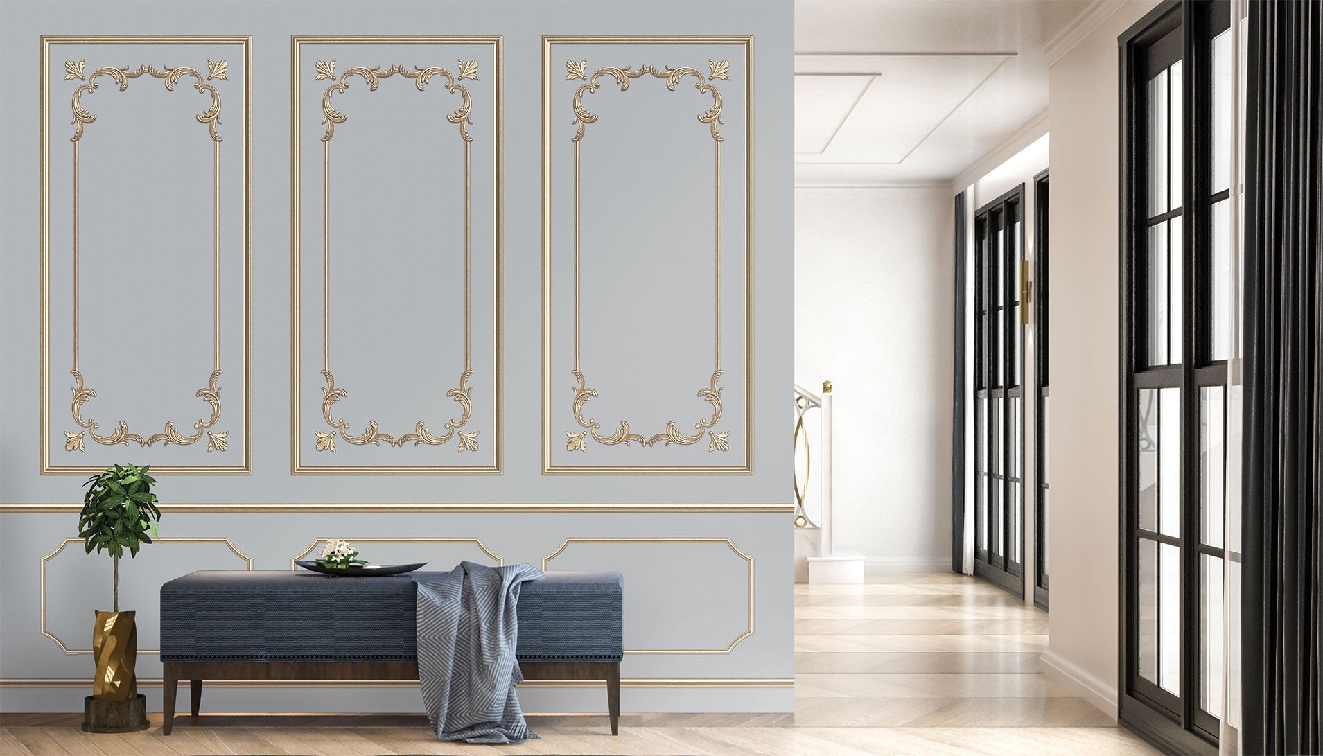 Papier peint trompe l’œil moulure doré Parisien style, XXL, tendance