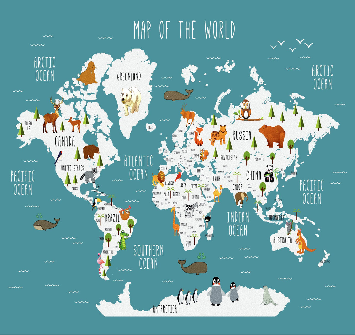 Wallpaper Illustrated world map Duck blue animals W352cm x H253cm