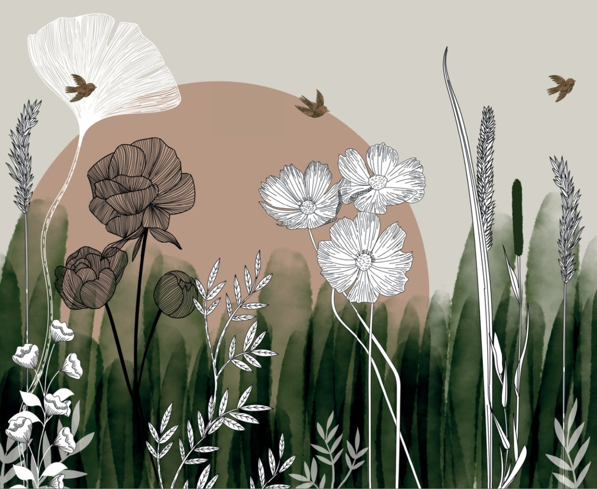 Panoramic floral illustration wallpaper W295cm x H241cm