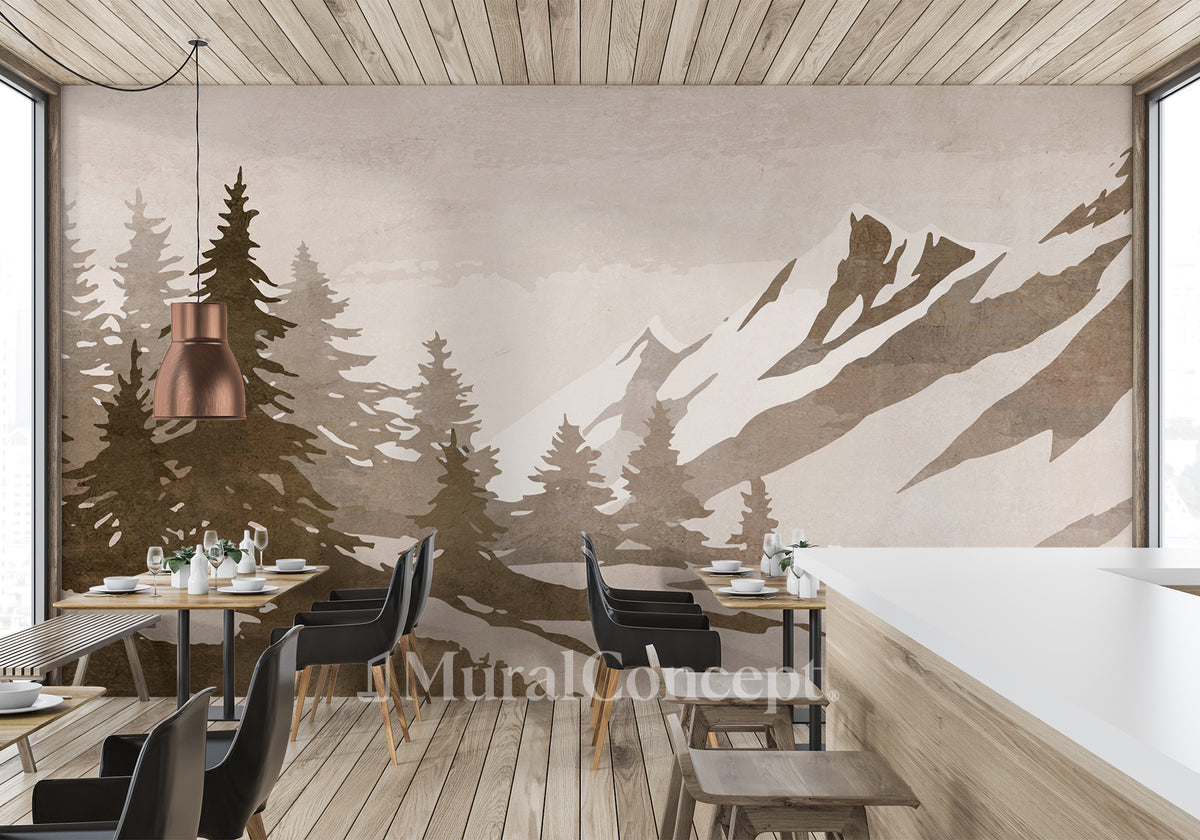 Sepia vintage fir tree and mountain wallpaper
