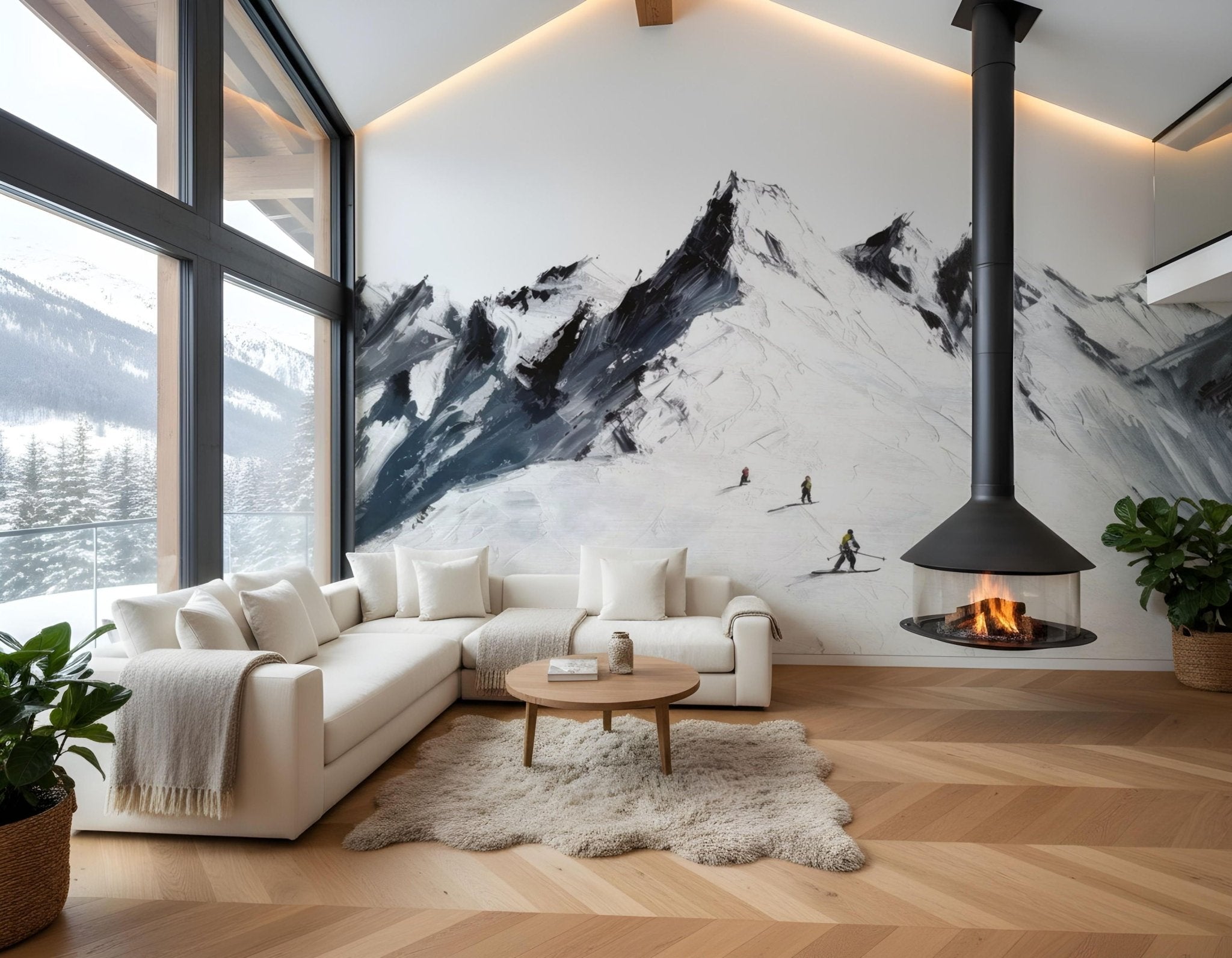 Cozy living room with mountain mural, modern furniture, and fireplace.