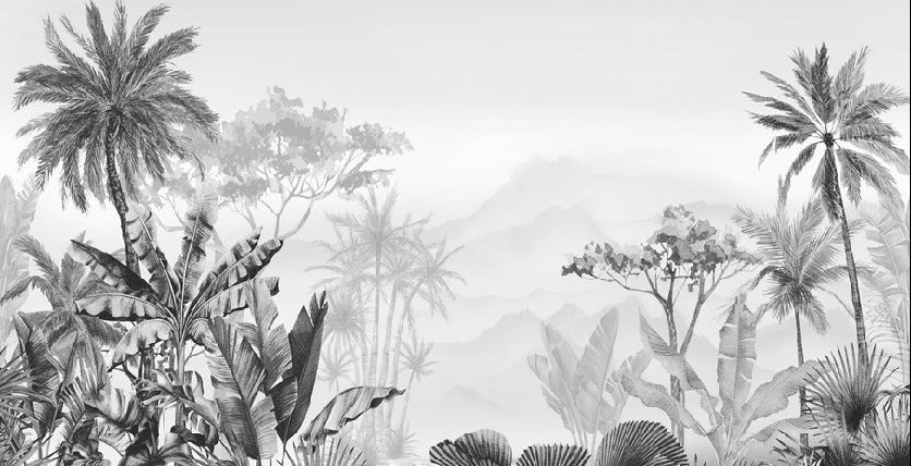 Papier peint salle de bain tendance tropical noir et blanc