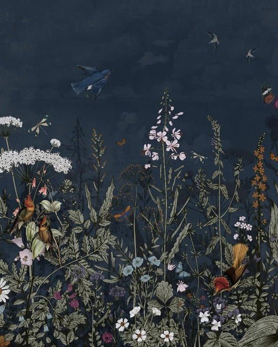 Panoramic night-blue floral wallpaper