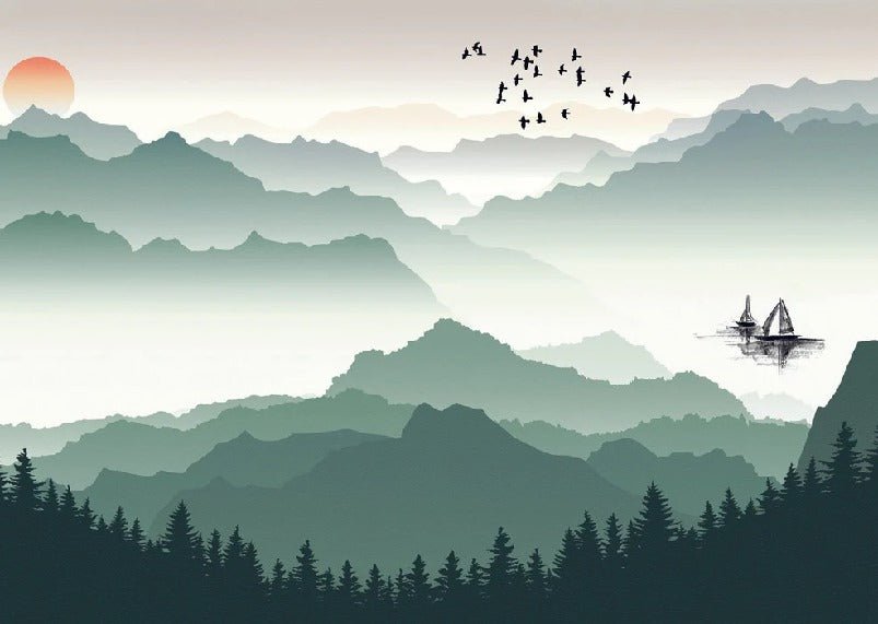 Papier peint montagne et voile sur le lac