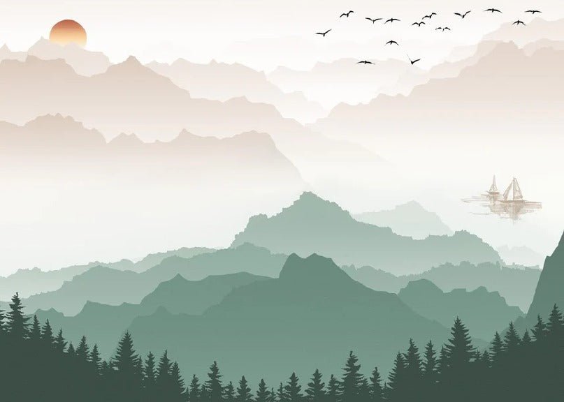 Papier peint montagne dans brume terracotta