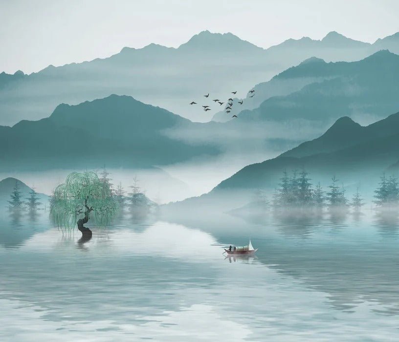 Papier peint entre montagne et lac