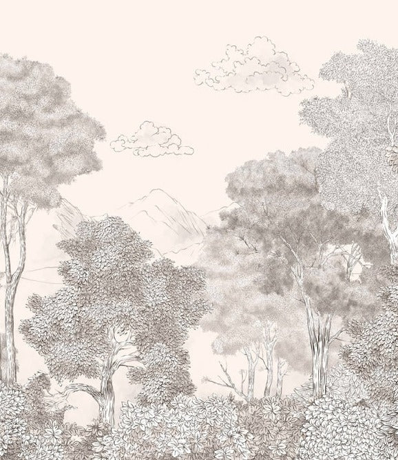 Papier peint panoramique Forêts et Monts Crayonnés Beige, XXL, tendance