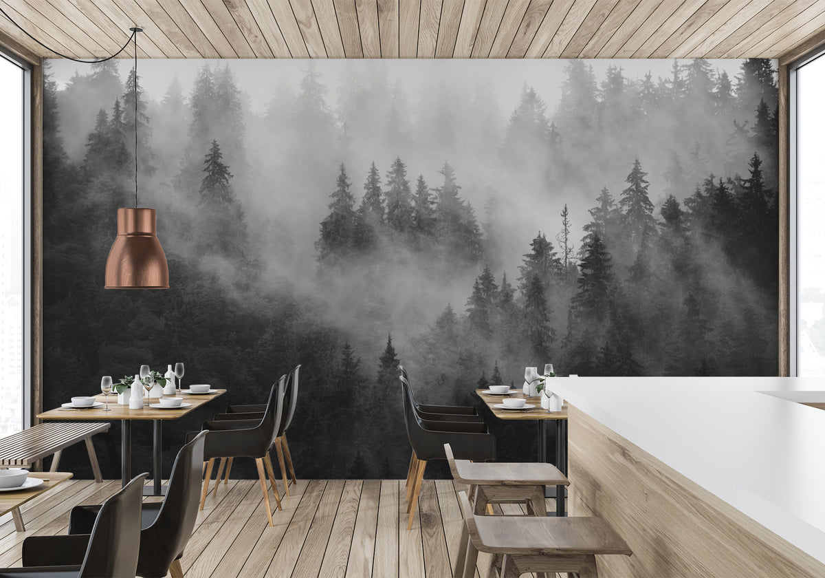 Black and white misty forest bistro wallpaper