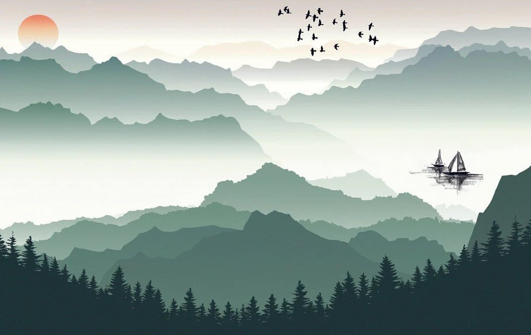 Papier peint montagne et voile sur le lac