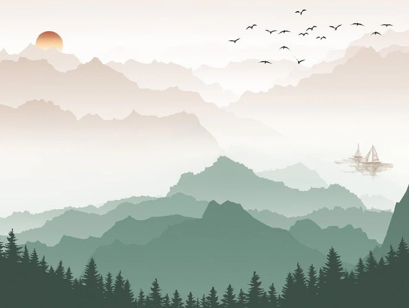 Papier peint montagne dans brume terracotta