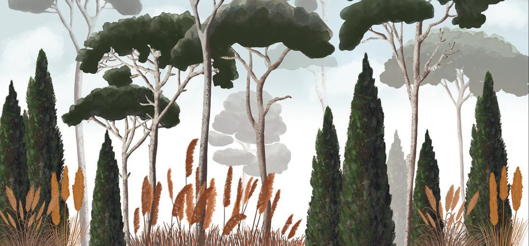 Papier peint sur mesure cyprès pins et herbes de la pampa, mural concept, tendance