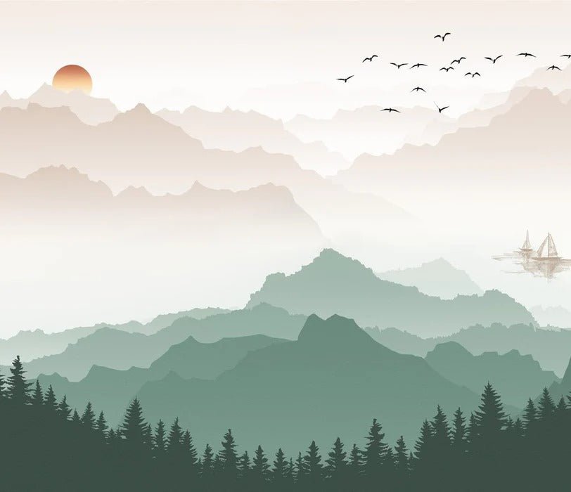 Papier peint montagne dans brume terracotta