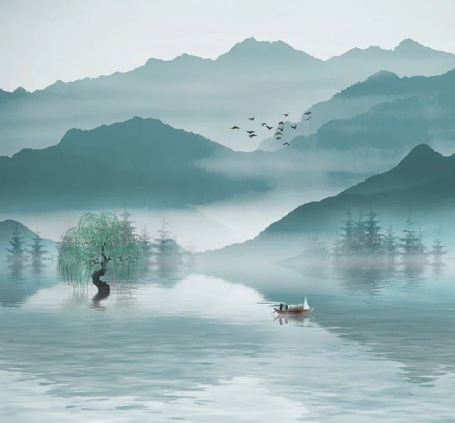 Papier peint entre montagne et lac