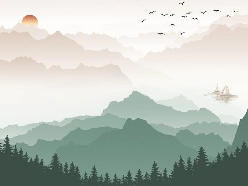 Papier peint montagne dans brume terracotta, XXL, tendance