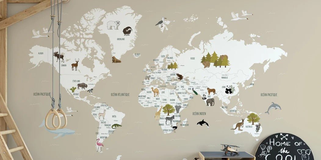 Papier peint Carte du monde en Francais enfant, mural concept, tendance