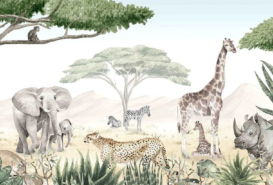 Papier peint enfant savane en peinture