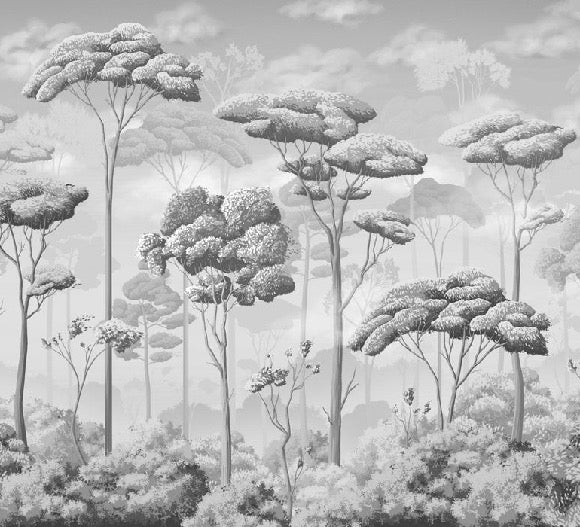 Papier peint panoramique pinèdes noir et blanc, XXL, tendance