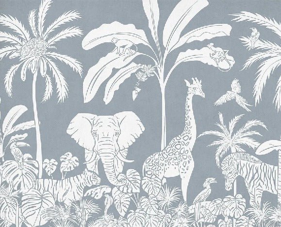 Papier peint enfant safari monochrome bleu