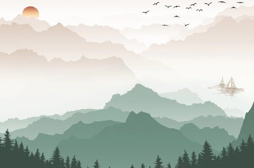 Papier peint montagne dans brume terracotta