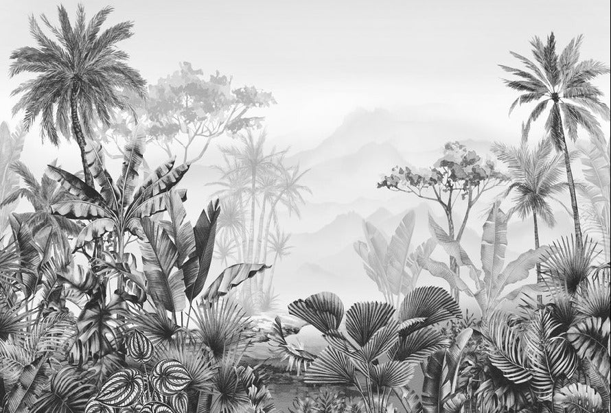 Papier peint salle de bain tendance tropical noir et blanc