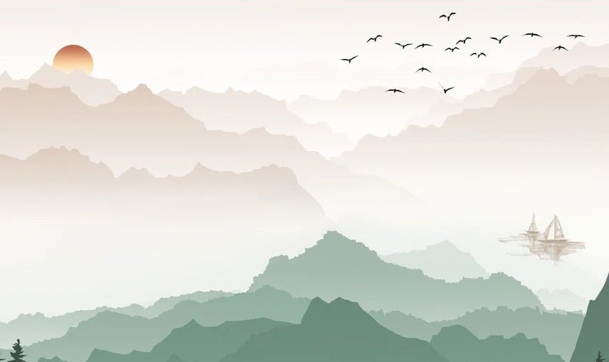 Papier peint montagne dans brume terracotta, XXL, tendance