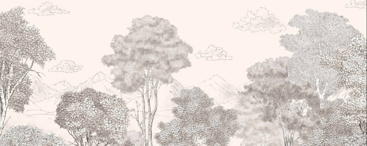Papier peint panoramique Forêts et Monts Crayonnés Beige, XXL, tendance